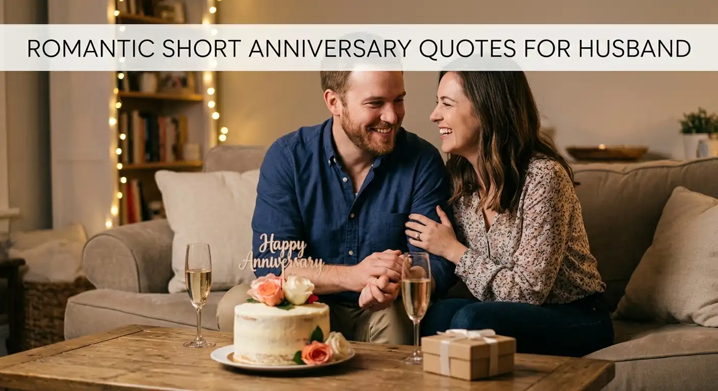 Romantic short anniversary quotes for husband in English on a greeting card with couple sitting together on sofa and smiling